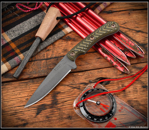 RMJ Tactical Sparrow fixed blade knife - shown out of sheath obverse.  Tungsten Cerakote MagnaCut stainless steel plain edge blade.  Dirty Olive G-10 handle.  Model K-SP-MC-TU-DO.
