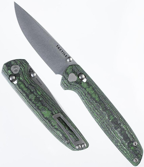 Tactile Knife Co Maverick folding knife with thumb stud - shown open pocket clip side and closed presentation side.  Stonewash MagnaCut stainless steel plain edge blade.  Jungle Wear carbon fiber handle.