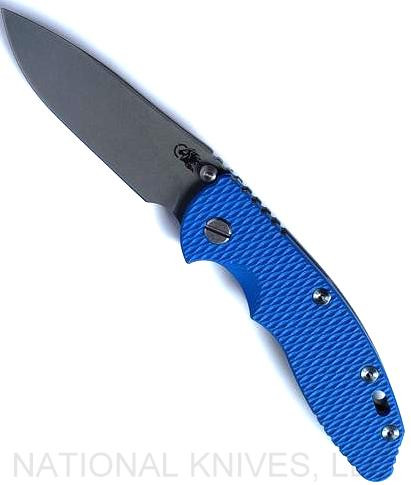 Rick Hinderer Knives Non Flipper XM-18 3.5" Slicer folding knife with thumb stud - shown open presentation side.  Working Finish S45VN stainless steel plain edge blade.  Blue G-10 handle with Battle Bronze lock side.  Model KXM35NFSL.