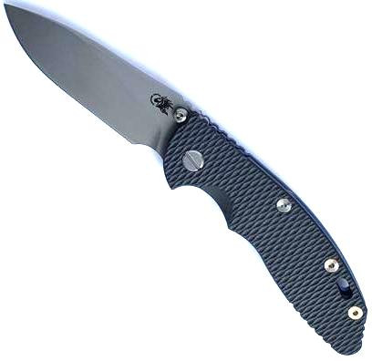 Rick Hinderer Knives Non Flipper XM-18 3.5" Slicer folding knife with thumb stud - shown open presentation side.  Working Finish S45VN stainless steel plain edge blade.  Black G-10 handle with Battle Blue lock side.  Model KXM35NFSL.