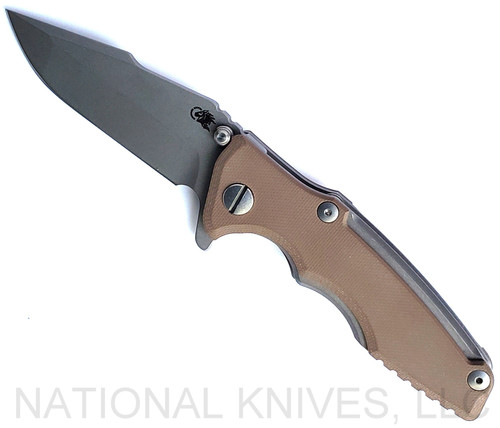 Rick Hinderer Knives Eklipse 3.0" Harpoon Spanto folding knife with flipper tab and thumb stud - shown open obverse.  Working Finish 20CV stainless steel plain edge blade.  FDE G-10 handle with Working Finish titanium.  Model KEK30HS