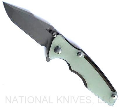 Rick Hinderer Knives Eklipse 3.0" Harpoon Spanto folding knife with flipper tab and thumb stud - shown open obverse.  Working Finish 20CV stainless steel plain edge blade.  Translucent Green G-10 handle with Battle Bronze titanium.  Model KEK30HS