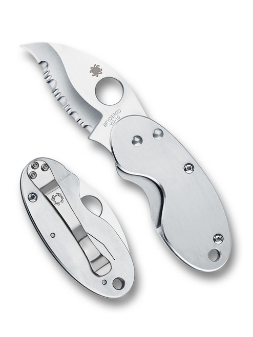 Spyderco Cricket folding knife with thumb hole - shown open presentation side and closed pocket clip side.  Satin VG-10 stainless steel serrated edge blade.  Stainless steel handle.  Model C29S.