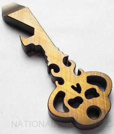 Chaves Knives Key pry bar multitool - obverse shown.  Crosshatch bronze titanium construction.  Model KEY/TL/BTI/CH.