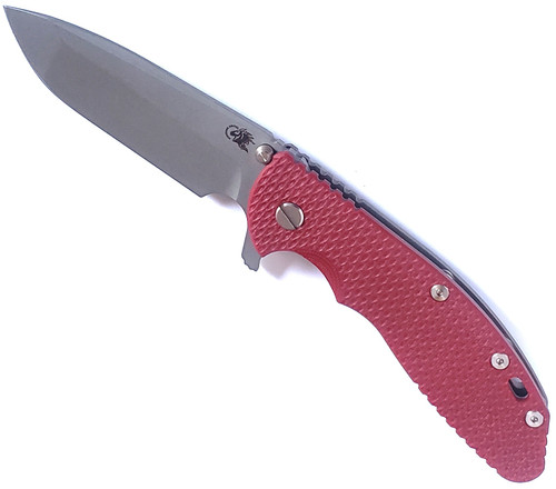 Rick Hinderer Knives XM-24 Spanto folding knife with thumb stud and flipper tab - shown open presentation side.  Working Finish S45VN stainless steel plain edge blade.  Red G-10 handle with Working Finish lock side.  Model KXM40SPAN.