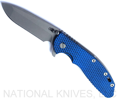 Rick Hinderer Knives XM-24 Spanto folding knife with thumb stud and flipper tab - shown open presentation side.  Working Finish S45VN stainless steel plain edge blade.  Blue - black G-10 handle with Working Finish lock side.  Model KXM40SPAN.
