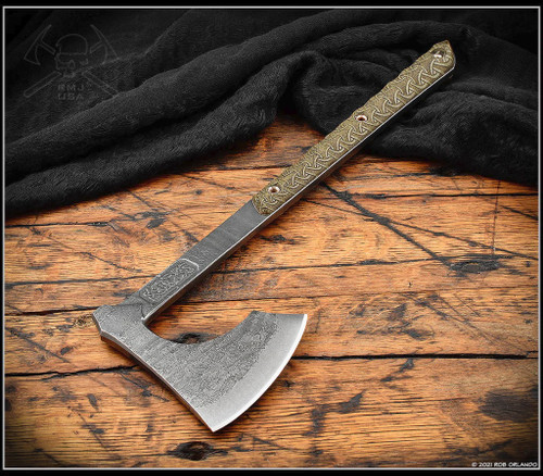 RMJ Tactical Custom Raven bearded Axe - shown out of sheath obverse.  80CRV2 steel plain edge head.  Laser engraved Linen Micarta.  Model T-RS-FS-SH-LM.