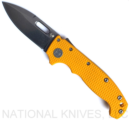 Demko Knives National Knives, LLC Exclusive MG AD-20 spear point folding knife with thumb slot and thumb stud - shown open presentation side.  Stonewash MagnaCut stainless steel plain edge blade.  Yellow #2 G-10 handle.