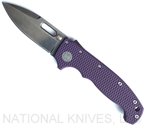 Demko Knives National Knives, LLC Exclusive MG AD-20 spear point folding knife with thumb slot and thumb stud - shown open presentation side.  Stonewash MagnaCut stainless steel plain edge blade.  Purple G-10 handle.
