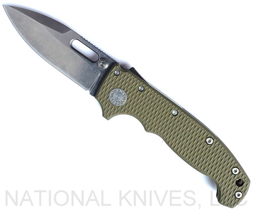 Demko Knives National Knives, LLC Exclusive MG AD-20 spear point folding knife with thumb slot and thumb stud - shown open presentation side.  Stonewash MagnaCut stainless steel plain edge blade.  OD green G-10 handle.