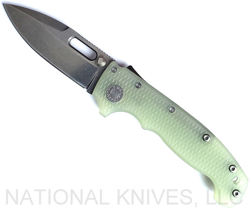 Demko Knives National Knives, LLC Exclusive MG AD-20 spear point folding knife with thumb slot and thumb stud - shown open presentation side.  Stonewash MagnaCut stainless steel plain edge blade.  Natural G-10 handle.
