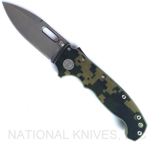 Demko Knives National Knives, LLC Exclusive MG AD-20 spear point folding knife with thumb slot and thumb stud - shown open presentation side.  Stonewash MagnaCut stainless steel plain edge blade.  Camo #1 G-10 handle.