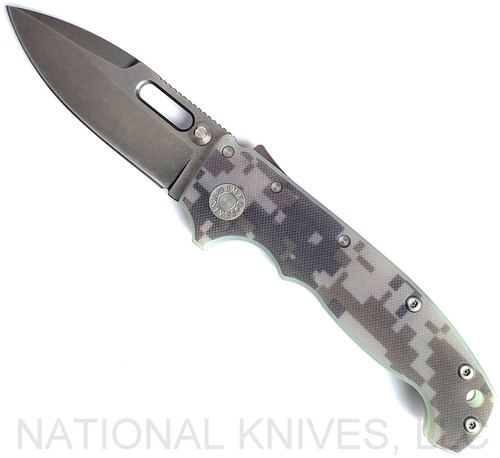 Demko Knives National Knives, LLC Exclusive MG AD-20 spear point folding knife with thumb slot and thumb stud - shown open presentation side.  Stonewash MagnaCut stainless steel plain edge blade.  Camo #2 G-10 handle.