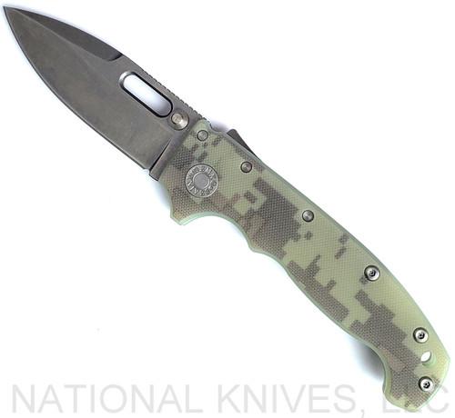 Demko Knives National Knives, LLC Exclusive MG AD-20 spear point folding knife with thumb slot and thumb stud - shown open presentation side.  Stonewash MagnaCut stainless steel plain edge blade.  Camo #3 G-10 handle.