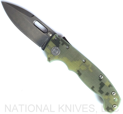 Demko Knives National Knives, LLC Exclusive MG AD-20 spear point folding knife with thumb slot and thumb stud - shown open presentation side.  Stonewash MagnaCut stainless steel plain edge blade.  Camo #4 G-10 handle.