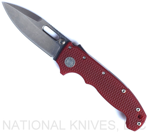 Demko Knives National Knives, LLC Exclusive MG AD-20 spear point folding knife with thumb slot and thumb stud - shown open presentation side.  Stonewash MagnaCut stainless steel plain edge blade.  Red G-10 handle.