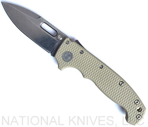 Demko Knives National Knives, LLC Exclusive MG AD-20 spear point folding knife with thumb slot and thumb stud - shown open presentation side.  Stonewash MagnaCut stainless steel plain edge blade.  Tan G-10 handle.