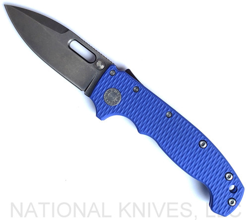 Demko Knives National Knives, LLC Exclusive MG AD-20 spear point folding knife with thumb slot and thumb stud - shown open presentation side.  Stonewash MagnaCut stainless steel plain edge blade.  Blue #2 G-10 handle.