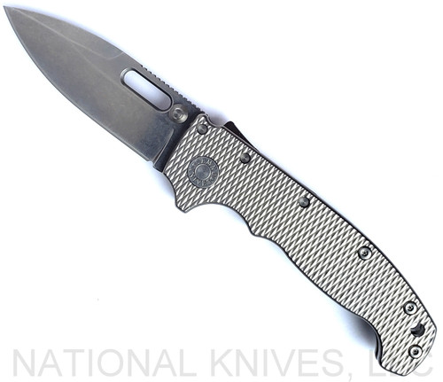 Demko Knives National Knives, LLC Exclusive AD-20 spear point folding knife with thumb slot and thumb stud - shown open presentation side.  Stonewash MagnaCut stainless steel plain edge blade.  Textured titanium handle.