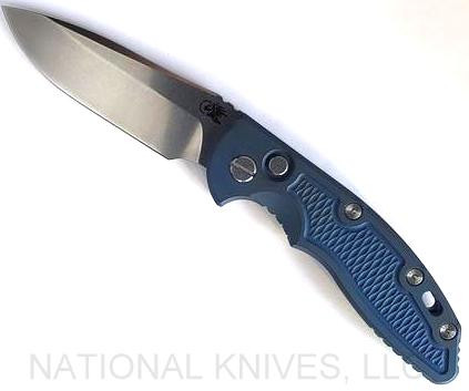 Rick Hinderer Knives Automatic XM-18 Spear Point folding knife with push button - shown open presentation side.  Stonewash 20CV stainless steel plain edge blade.  Battle Blue titanium handle.  Model KAXM35SPE.