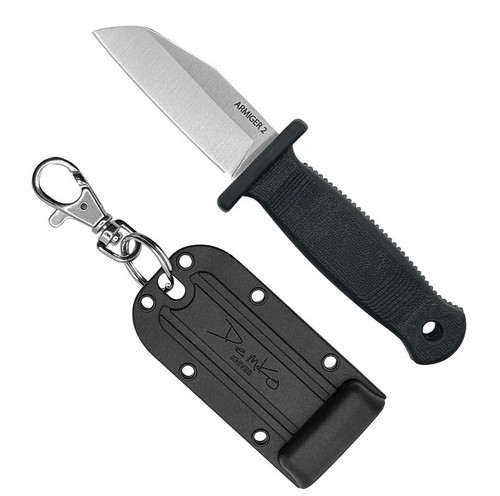 Demko Knives Armiger 2 fixed blade knife - shown laying next to Kydex sheath.  4034SS stainless steel, Shark Foot. plain edge blade.  Black molded plastic handle.  Model ARM2-SF-PE-BK.