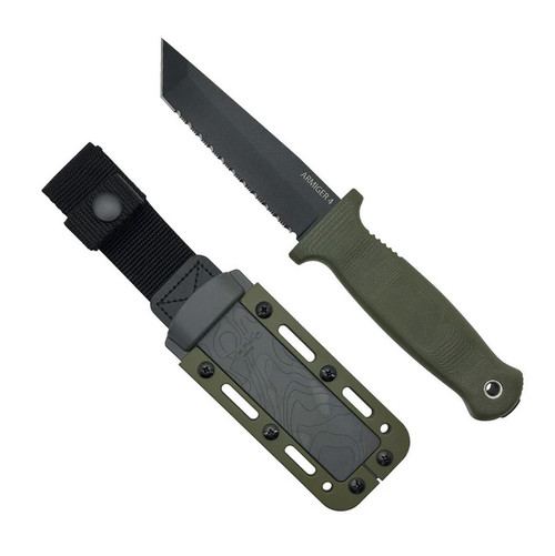 Demko Knives Armiger 4 fixed blade knife - shown laying next to Kydex sheath.  Black 80CrV2 steel, tanto point, serrated edge blade.  OD green thermal plastic rubber handle.  Model ARM4-TN-SE-OD.