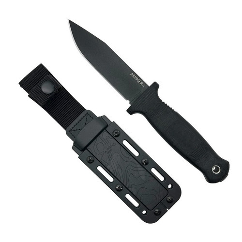 Demko Knives Armiger 4 fixed blade knife - shown laying next to Kydex sheath.  Black 80CrV2 steel, clip point, plain edge blade.  Black thermal plastic rubber handle.  Model ARM4-CP-PE-BK.