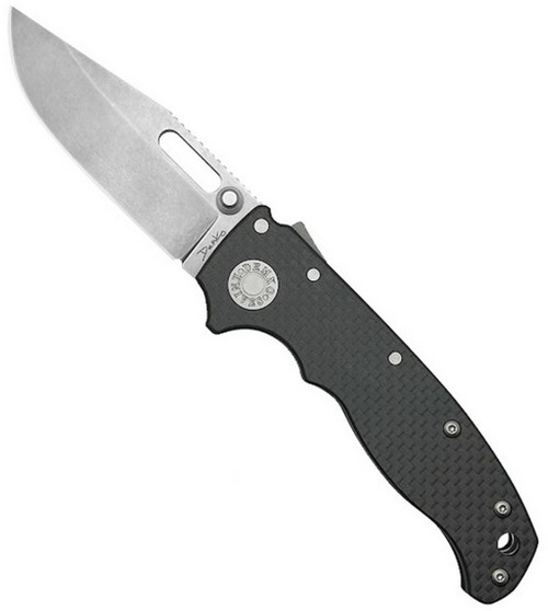 Demko Knives AD20.5 folding knife with thumb stud and slot - shown open presentation side.  20CV stainless steel, clip point, plain edge blade.  Blue carbon fiber handle.  Model AD20.5-CPPE-SMCF-BK.
