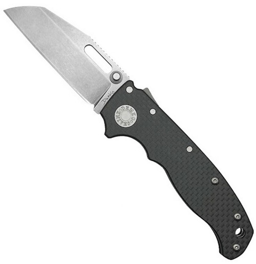 Demko Knives AD20.5 folding knife with thumb stud and slot - shown open presentation side.  20CV stainless steel, Shark Foot, plain edge blade.  Black carbon fiber handle.  Model AD20.5-SFPE-20CV-SMCF-BK.
