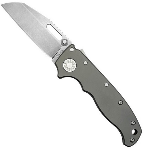 Demko Knives AD20.5 folding knife with thumb stud and slot - shown open presentation side.  20CV stainless steel, Shark Foot, plain edge blade.  Smooth titanium handle.  Model AD20.5-SFPE-20CV-SMTI.