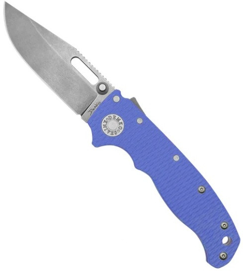 Demko Knives AD20.5 folding knife with thumb stud and slot - shown open presentation side.  20CV stainless steel, clip point, plain edge blade.  Blue G-10 handle.  Model AD20.5-CPPE-20CV-BLG10.