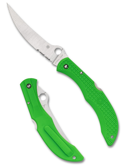 Spyderco Catcherman Salt Sprint Run folding knife with thumb hole - shown open presentation side and closed pocket clip side.  Satin LC200N stainless steel combo edge blade. Green FRN handle.  Model C17PSGR.
For reference only.