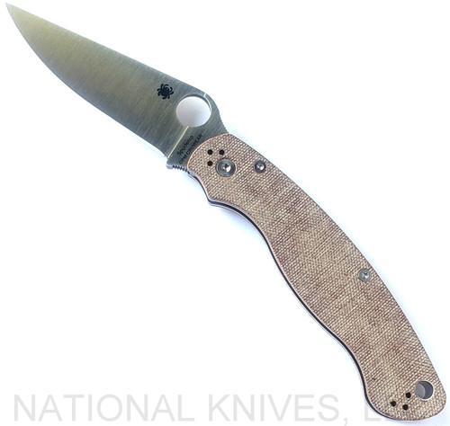Spyderco Military 2 folding knife with thumb hole - shown open presentation side.  Satin Cru-Wear steel plain edge blade.  Brown Micarta handle.  Model C36MPCW2.