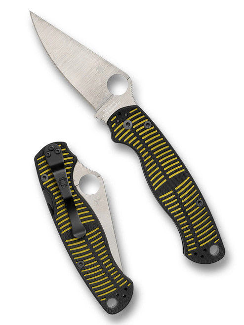Spyderco Paramilitary 2 Salt folding knife with thumb hole - shown open presentation side and closed pocket clip side.  Satin MagnaCut stainless steel plain edge blade.  Black and yellow G-10 handle.  Model C81GBKYLMCP2