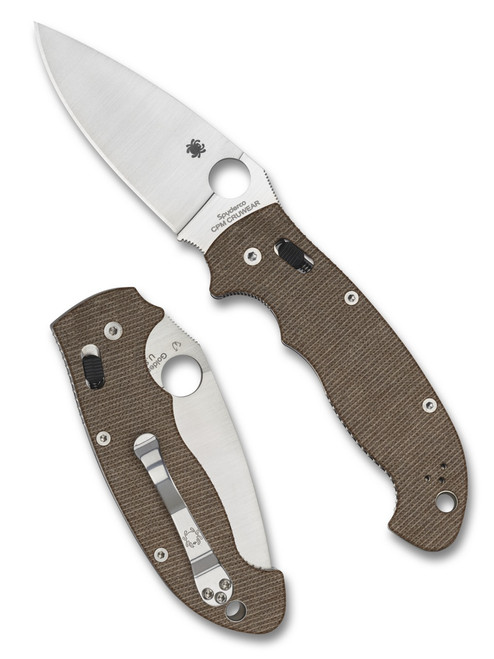 Spyderco Manix 2 XL folding knife with thumb hole - shown open presentation side and closed pocket clip side.  Satin Cru-Wear steel plain edge blade. Brown Micarta handle.  Model C95MPCW2.