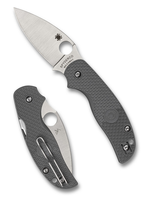 Spyderco Sage 5 folding knife with thumb hole - shown open presentation side and closed pocket clip side.  Maxamet steel plain edge blade.  Gray FRN handle.  Model C123PGY.