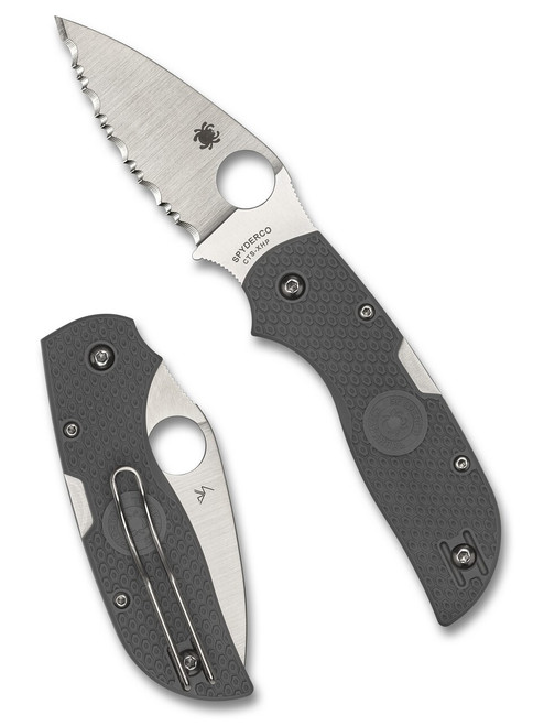 Spyderco Chaparral folding knife with thumb hole - shown open presentation side and closed pocket clip side.  Satin CTS-XHP stainless steel serrated edge blade. Gray FRN handle.  Model C152SGY.