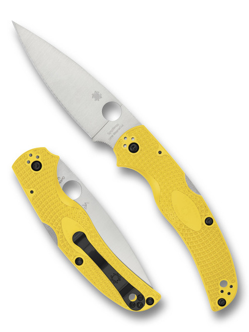 Spyderco Native Chief Salt folding knife with thumb hole - shown open presentation side and closed pocket clip side.  Satin MagnaCut stainless steel plain edge blade.  Yellow FRN handle.  Model C244PYL.