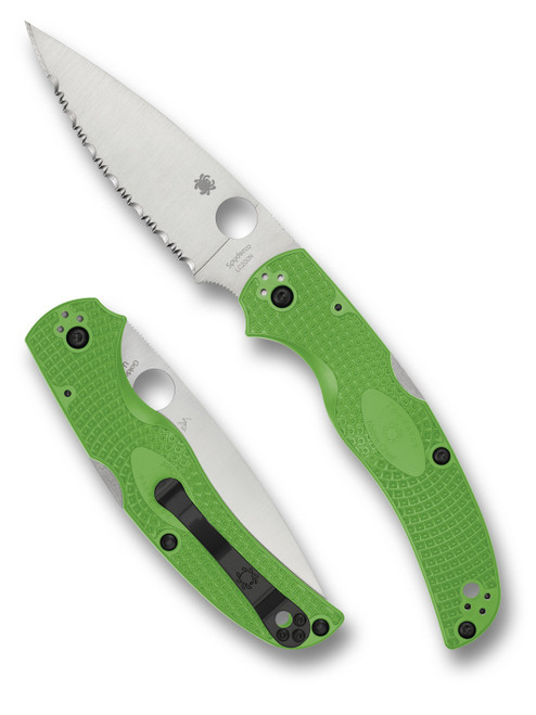 Spyderco Native Chief Salt folding knife with thumb hole - shown open presentation side and closed pocket clip side.  Satin LC200N stainless steel serrated edge blade.  Green FRN handle.  Model C244SGR.