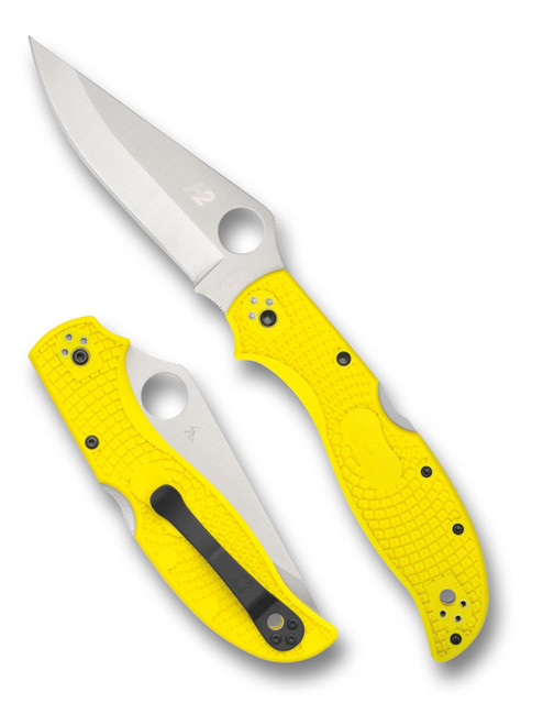 Spyderco Stretch 2 XL Salt folding knife with thumb hole - shown open presentation side and closed pocket clip side.  Satin H-2 stainless steel plain edge blade.  Yellow FRN handle.  Model C258PYL.