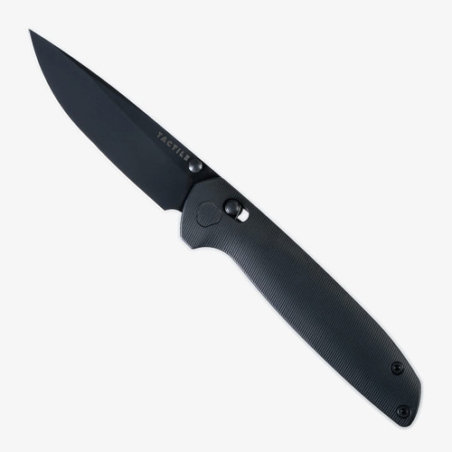 Tactile Knife Co Maverick folding knife with a thumb stud.  Shown open presentation side.  Black coated MagnaCut stainless steel plain edge blade.  Black coated titanium handle.  Model 20-MV-MCDL-TTDL.