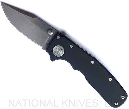 Demko Knives Shark Cub Clip Point folding knife with thumb stud - shown open presentation side.  Stonewash 20CV stainless steel plain edge blade.  Black Aluminum handle.