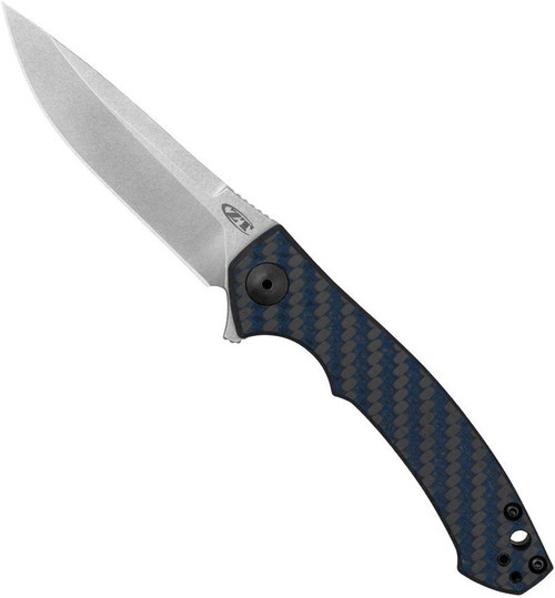 Zero Tolerance 0450BLUCF folding knife with flipper tab - open - logo side.  Satin 3.25" MagnaCut stainless steel plain edge blade.  Black carbon fiber with blue weave handle.  Model 0450BLUCF.
