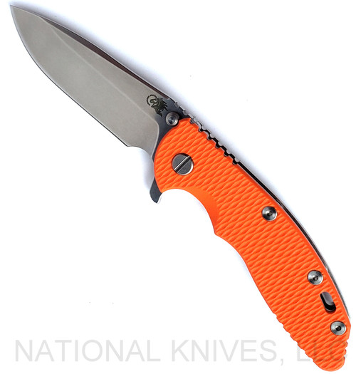 Rick Hinderer Knives XM-18 3.5" Spear Point folding knife with thumb stud and flipper tab - shown open presentation side.  Stonewash 20CV stainless steel plain edge blade.  Orange G-10 handle with stonewash lock side.  Model KXM35SPE.