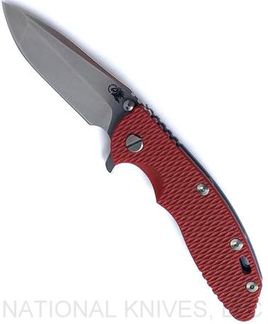 Rick Hinderer Knives XM-18 3.5" Spanto folding knife with thumb stud and flipper tab - shown open presentation side.  Stonewash S45VN stainless steel plain edge blade.  Red G-10 handle with Battle Blue lock side.  Model KXM35SPA.