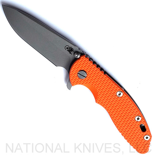 Rick Hinderer Knives XM-18 3.5" Spear Point folding knife with thumb stud and flipper tab - shown open presentation side.  Working Finish S45VN stainless steel plain edge blade.  Orange G-10 handle with Battle Bronze lock side.  Model KXM35SPE.