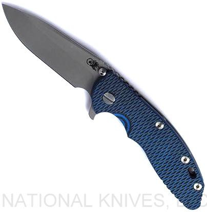 Rick Hinderer Knives XM-18 3.5" Spear Point folding knife with thumb stud and flipper tab - shown open presentation side.  Working Finish S45VN stainless steel plain edge blade.  Blue - black G-10 handle with Battle Bronze lock side.  Model KXM35SPE.