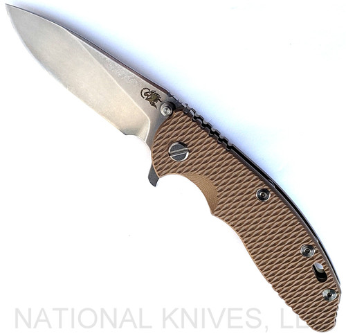 Rick Hinderer Knives XM-18 3.5" Slicer folding knife with thumb stud and flipper tab - shown open presentation side.  Stonewash S45VN stainless steel plain edge blade.  FDE G-10 handle with stonewash bronze lock side.  Model KXM35SL.