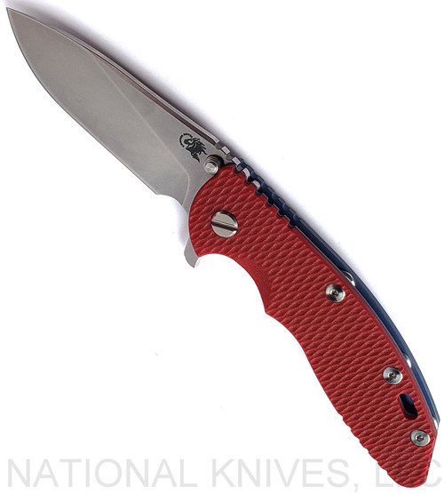 Rick Hinderer Knives XM-18 3.5" Slicer folding knife with thumb stud and flipper tab - shown open presentation side.  Stonewash S45VN stainless steel plain edge blade.  Red G-10 handle with Battle Blue lock side.  Model KXM35SL.