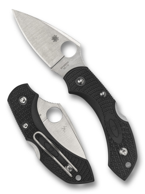 Spyderco Dragonfly 2 folding knife with thumb hole - shown open presentation side and closed pocket clip side.  Satin VG-10 stainless steel plain edge blade.  Black FRN handle.  Model C28PBK2.